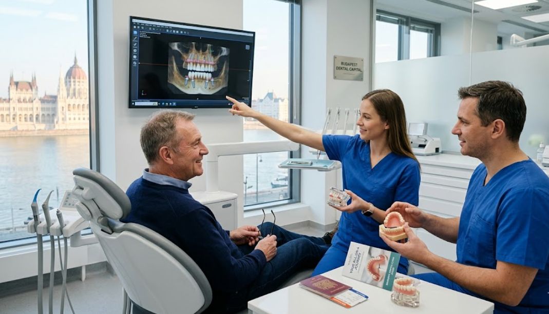UK patient reviewing All-on-4 dental implant models and 3D jaw scans during a consultation at a modern Budapest dental clinic overlooking the Hungarian Parliament.
