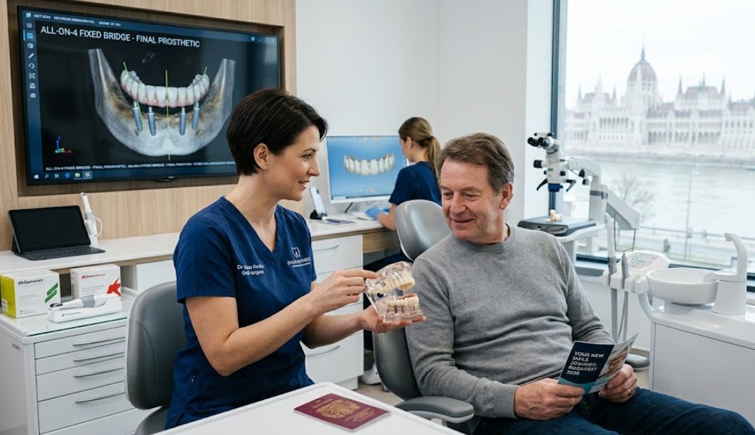 UK patient reviewing All-on-4 full arch restoration models and 3D jaw scans during a specialist consultation in a high-tech Budapest dental clinic.