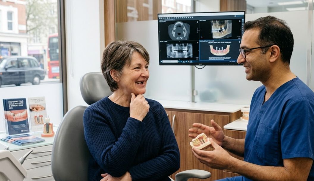 UK patient with missing teeth discussing implant solutions and the cost of dentures with a budapest dentist in a modern dental clinic in Budapest.