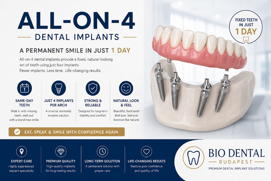All-on-4 dental implants in Budapest with four implants supporting a fixed full-arch smile
