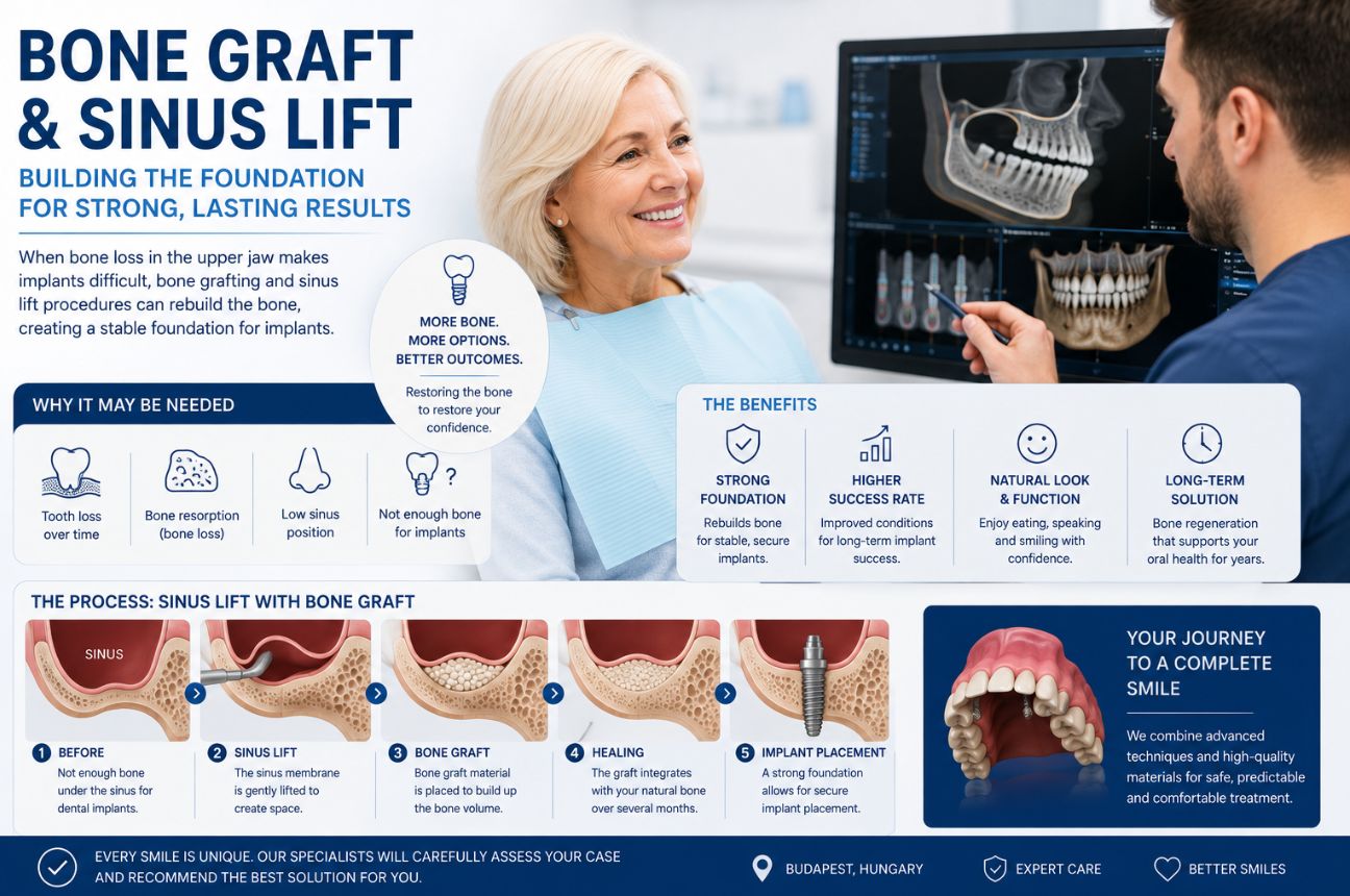 Bone graft and sinus lift procedures to rebuild jawbone volume and create a stable foundation for dental implants in patients with bone loss.