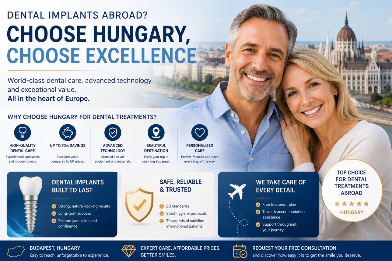 Dental implants abroad in Hungary: smiling couple in Budapest highlighting high-quality dental care, advanced technology, affordable prices and personalized treatment.