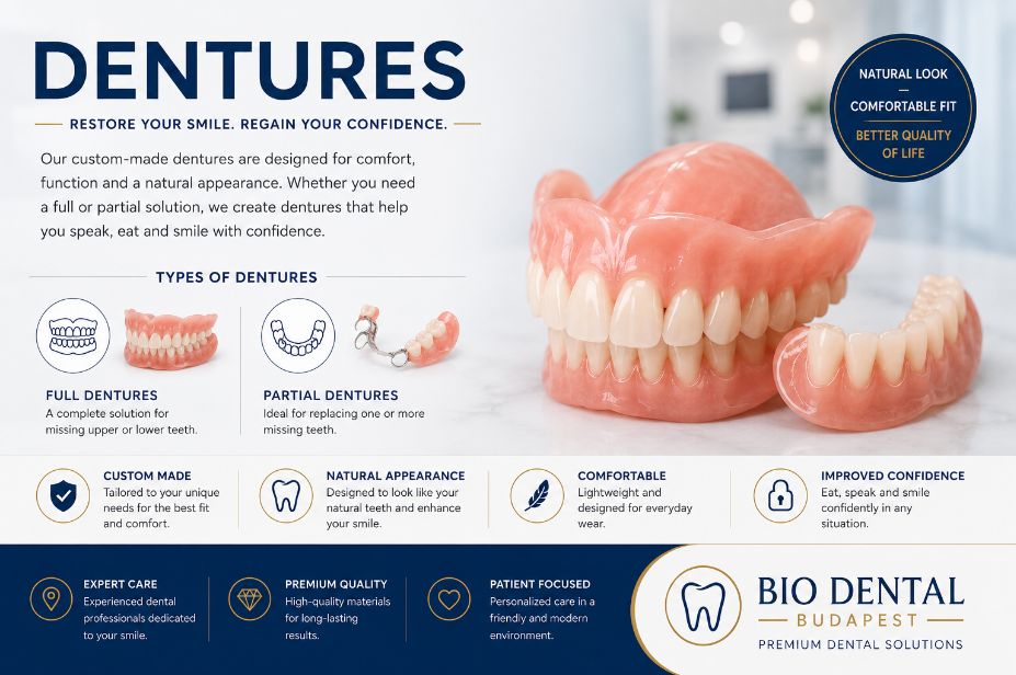 Custom dentures in Budapest including full and partial dentures for a natural-looking, comfortable smile - and all-on-4 supported dentures