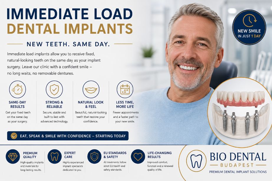 Immediate load dental implants in Budapest with same-day fixed teeth and a natural-looking smile - teeth in a day