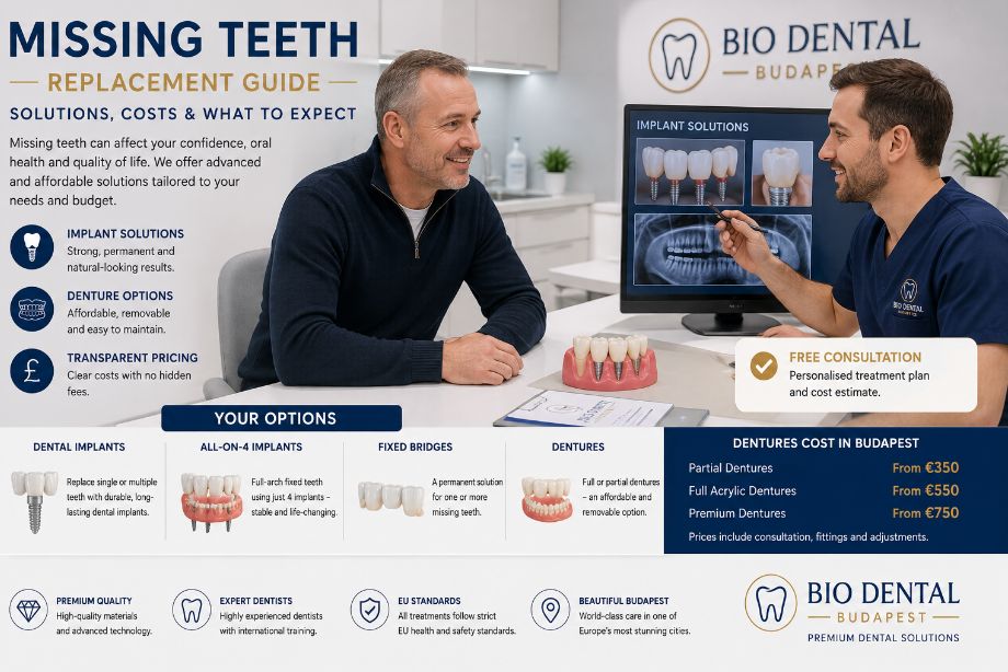 UK patient discussing missing teeth replacement and denture costs with a Budapest dentist in a modern dental clinic