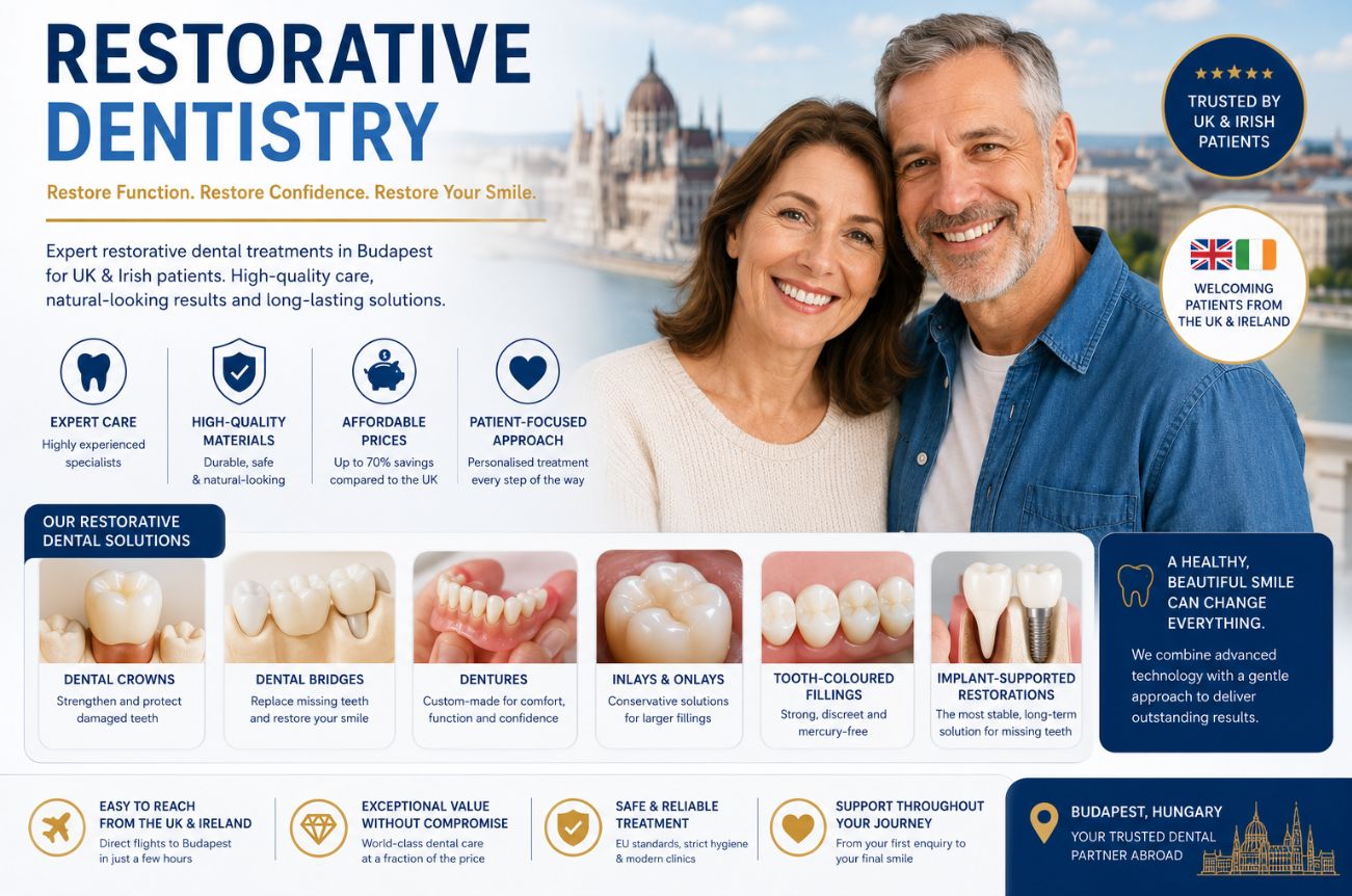 Restorative dentistry in Budapest for UK and Irish patients, featuring crowns, bridges, dentures, inlays, onlays, fillings and implant-supported restorations.